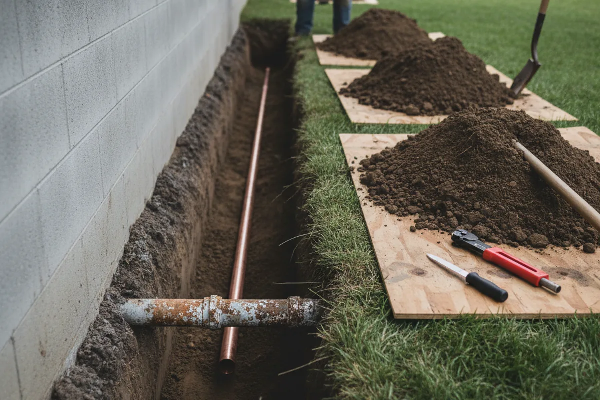 Excavated water line trench during Water Heater Repair in Lucasville